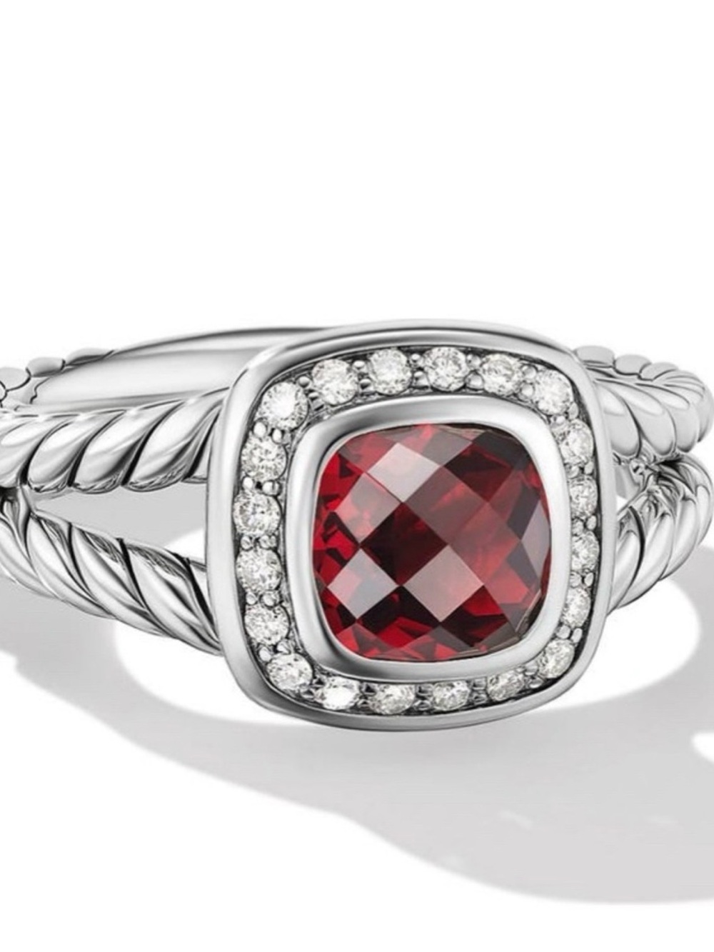 David Yurman Petite Albion Ring with Garnet and Diamonds in Silver, 7mm. Size 6